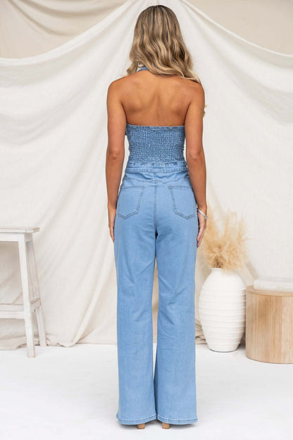 Denim Halter Button Front Jumpsuit