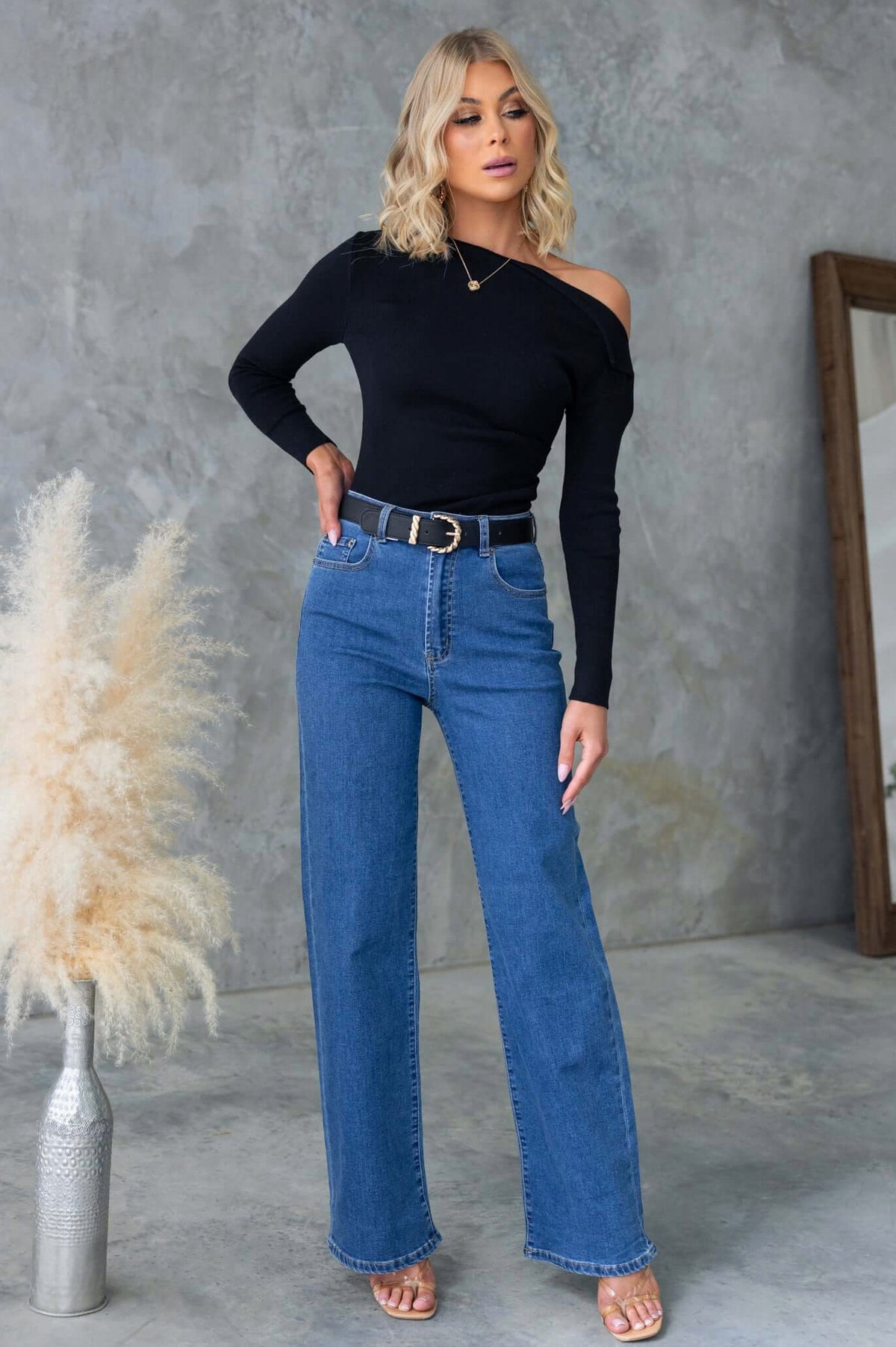 Denim High Rise Wide Leg Pants