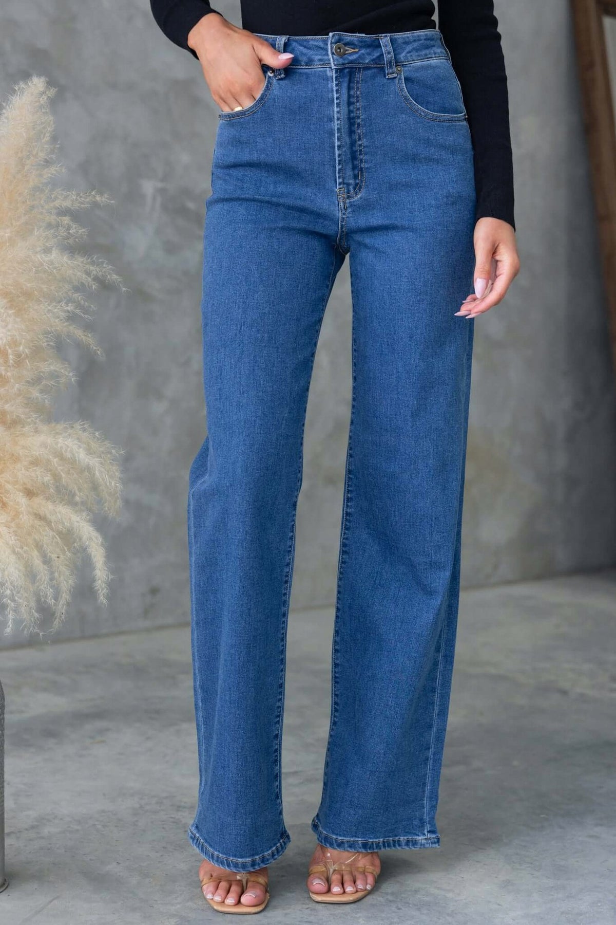 Denim High Rise Wide Leg Pants