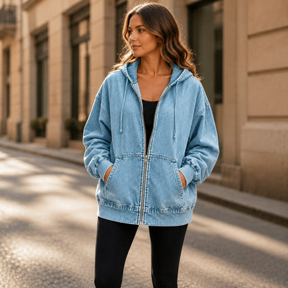 Denim Oversized Long Sleeve Hooded Jacket
