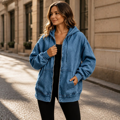 Denim Oversized Long Sleeve Hooded Jacket