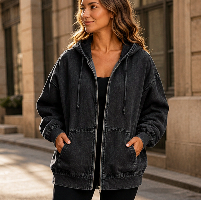 Denim Oversized Long Sleeve Hooded Jacket