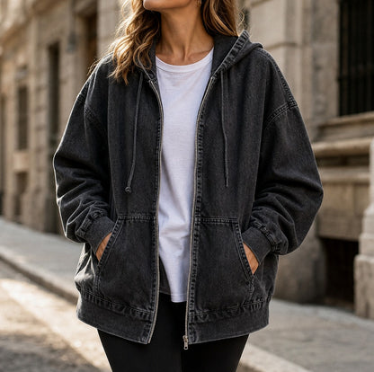 Denim Oversized Long Sleeve Hooded Jacket