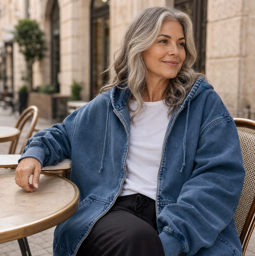 Denim Oversized Long Sleeve Hooded Jacket