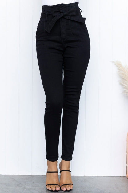Denim Paperbag Tie Belt Ankle Pants