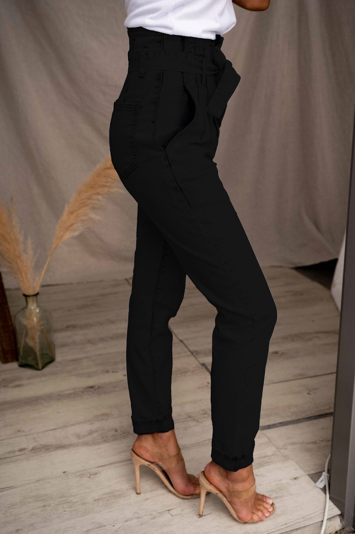 Denim Paperbag Tie Belt Ankle Pants