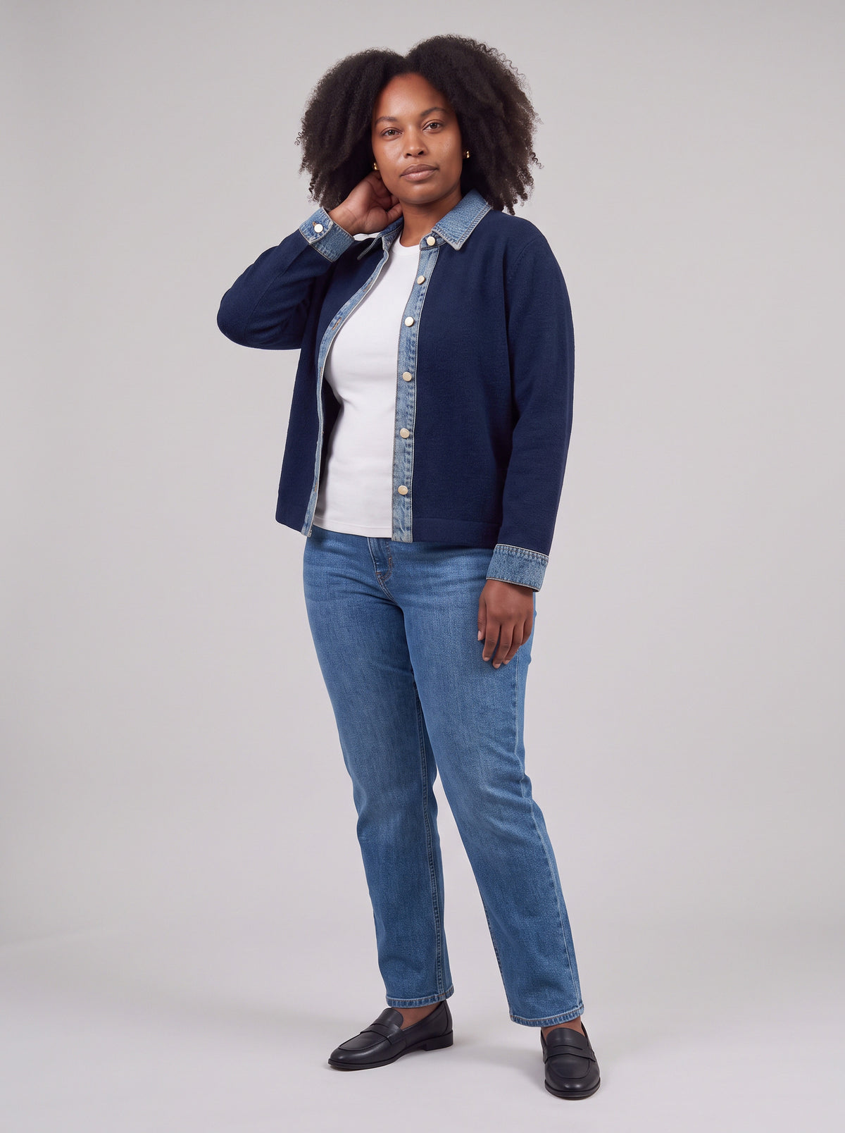 Denim Trim Button Front Cardigan
