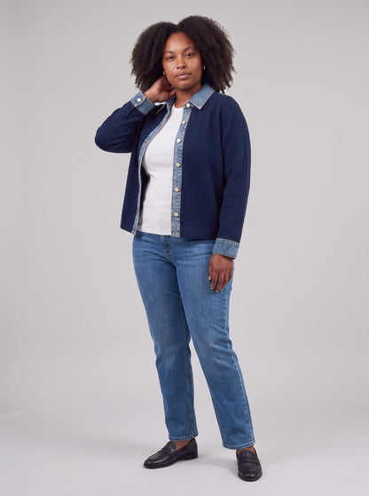 Denim Trim Button Front Cardigan