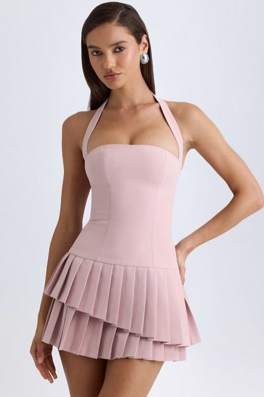 Drop Waist Halter Pleated Mini Dress
