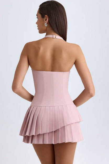 Drop Waist Halter Pleated Mini Dress