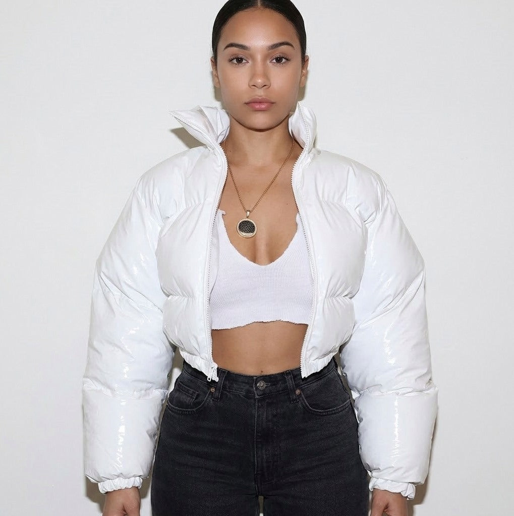 Faux Leather Cropped Puffer Jacket