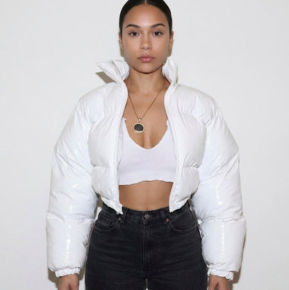 Faux Leather Cropped Puffer Jacket