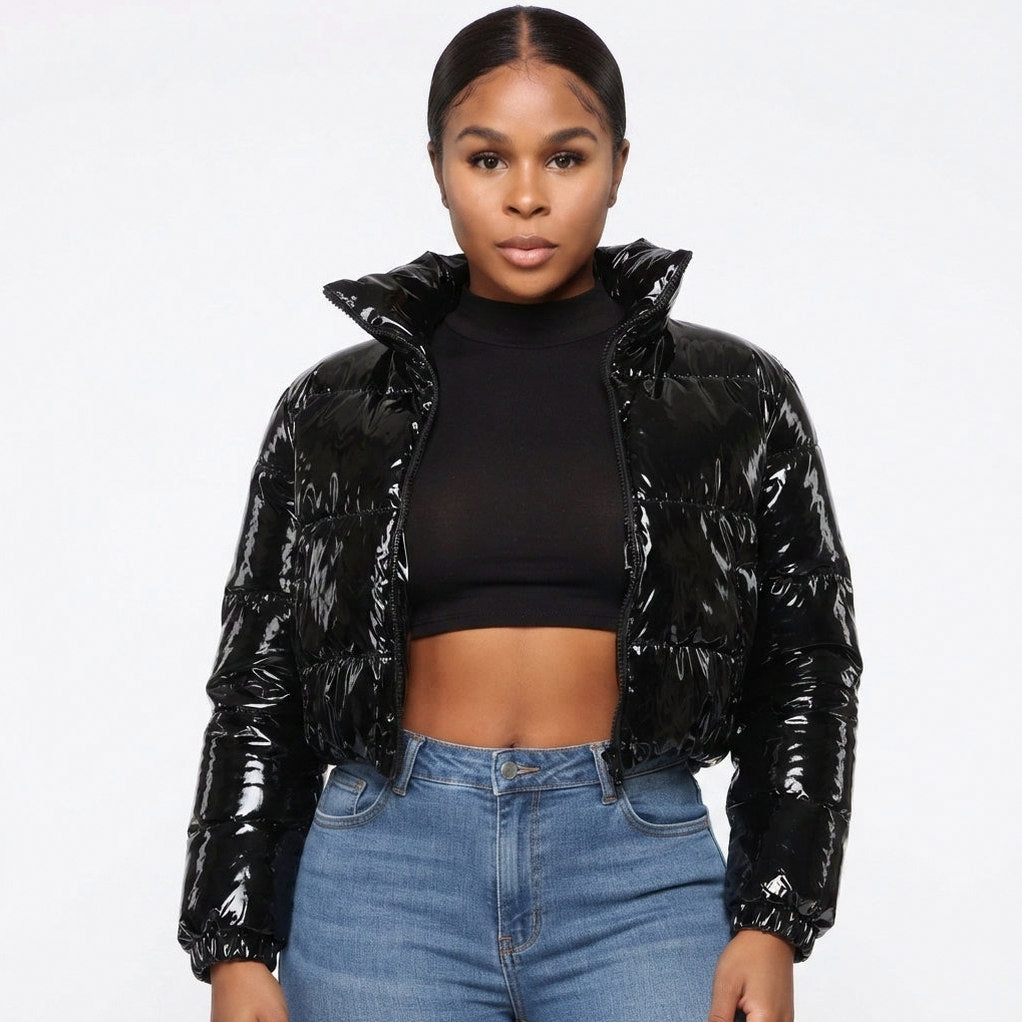 Faux Leather Cropped Puffer Jacket