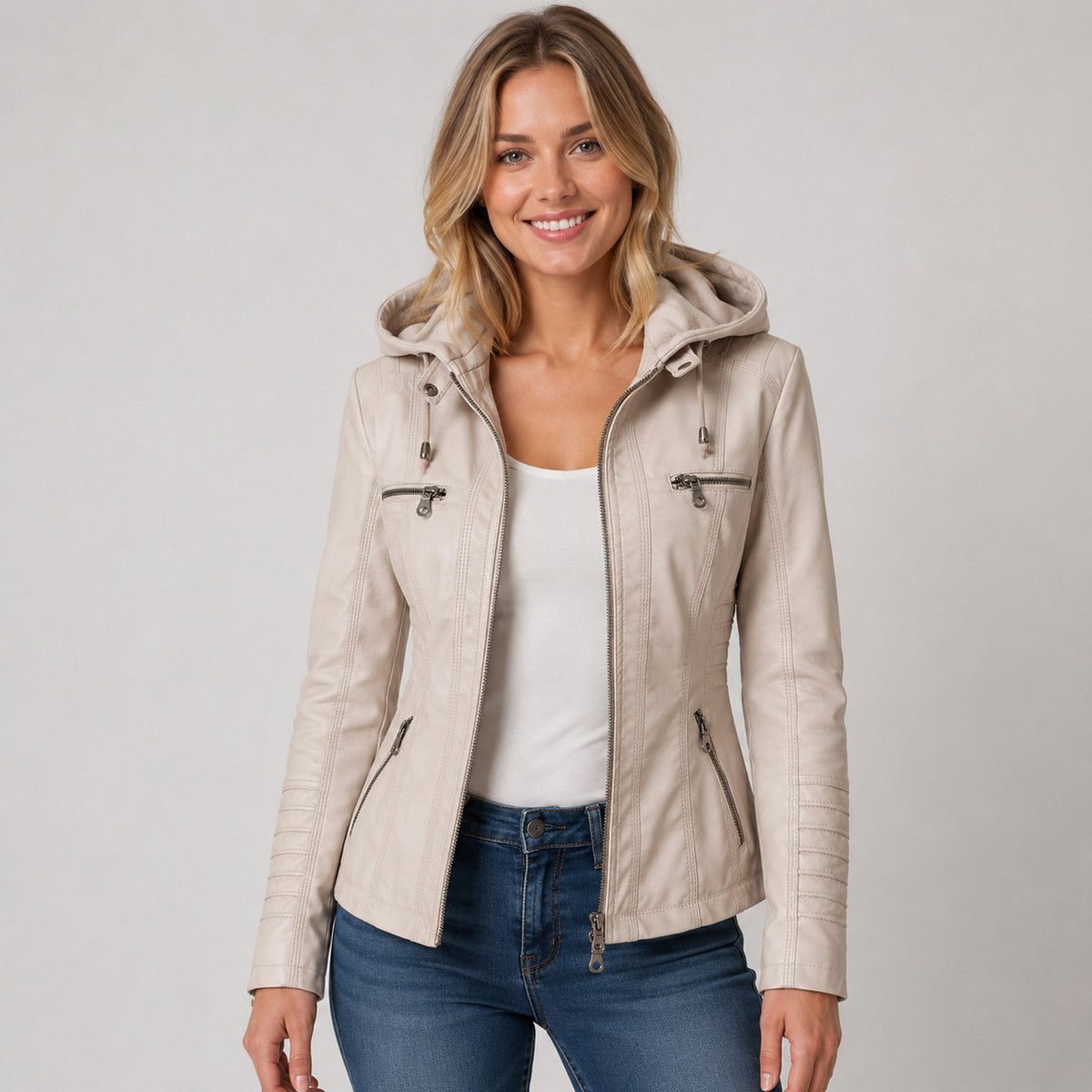 Faux Leather Hooded Moto Jacket