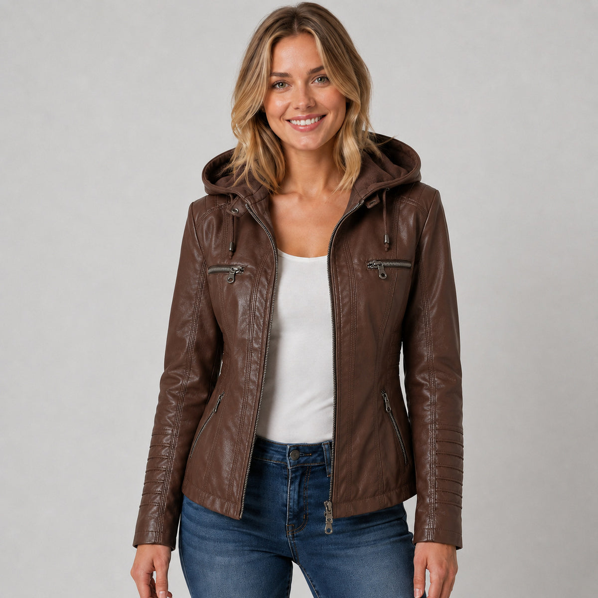Faux Leather Hooded Moto Jacket