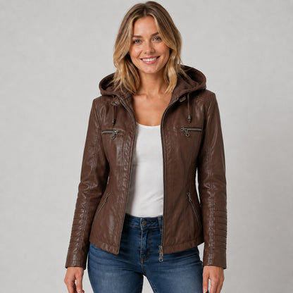 Faux Leather Hooded Moto Jacket