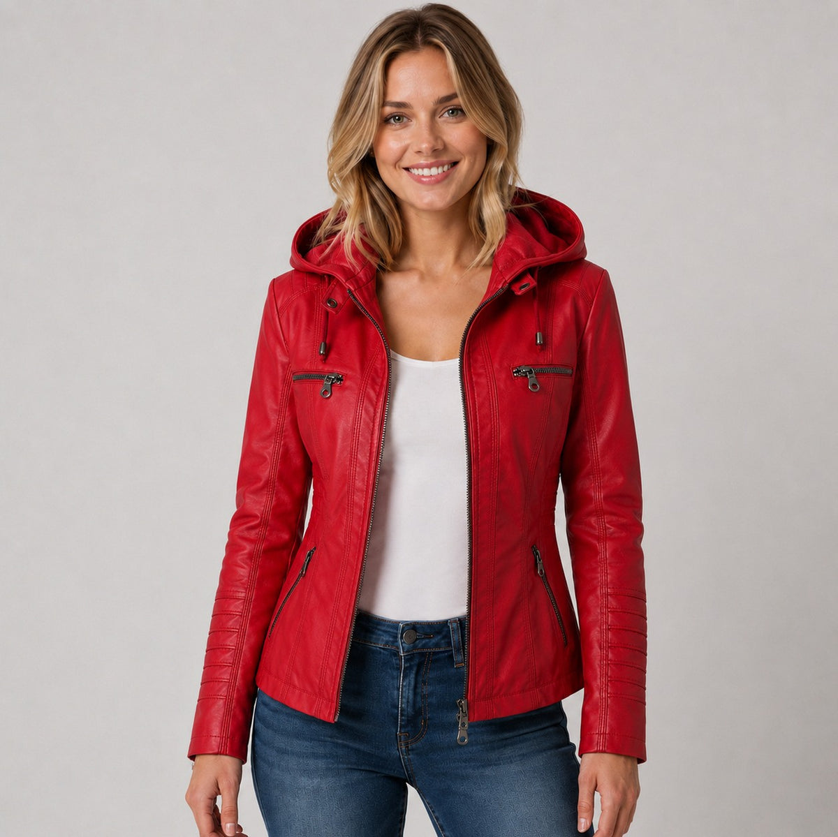 Faux Leather Hooded Moto Jacket
