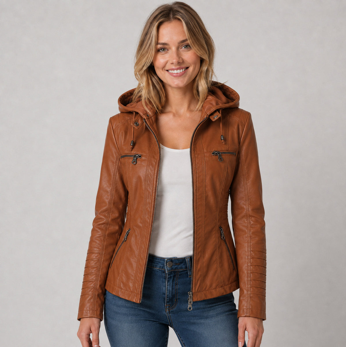 Faux Leather Hooded Moto Jacket