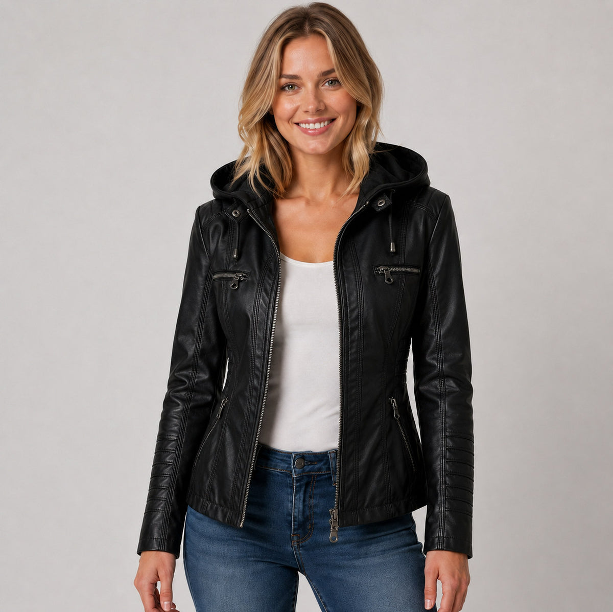 Faux Leather Hooded Moto Jacket