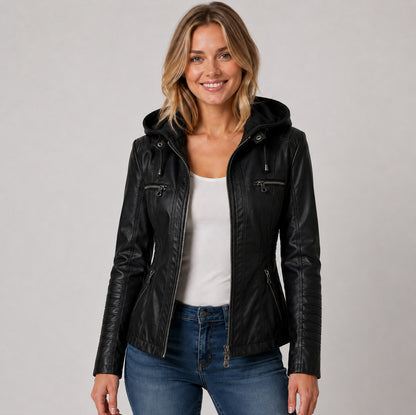 Faux Leather Hooded Moto Jacket