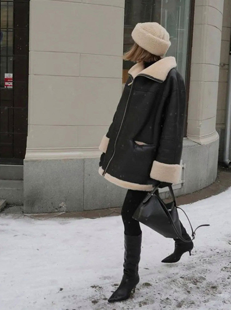 Faux Leather Sherpa Oversized Coat