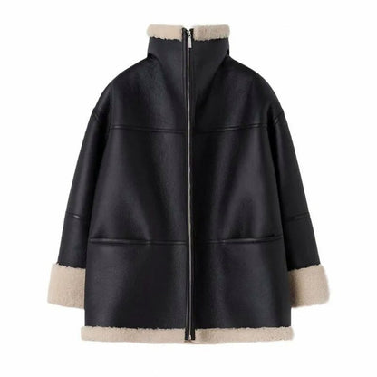 Faux Leather Sherpa Oversized Coat