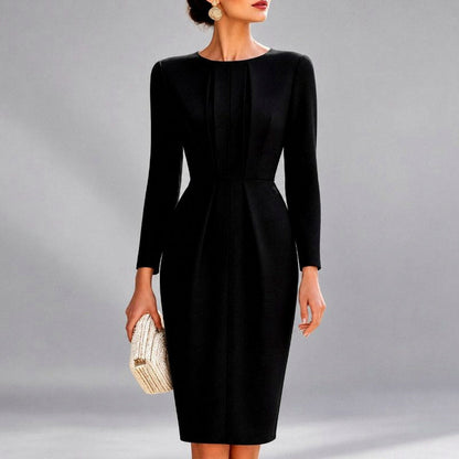 Fitted Pleated Long Sleeve Midi Dress