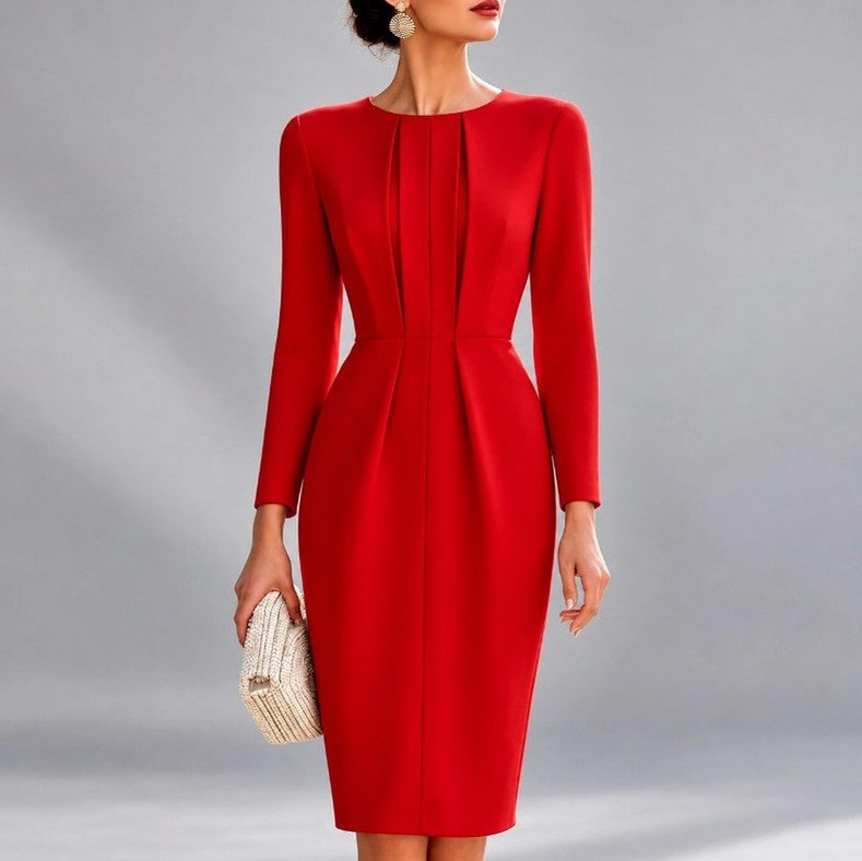 Fitted Pleated Long Sleeve Midi Dress