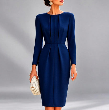 Fitted Pleated Long Sleeve Midi Dress