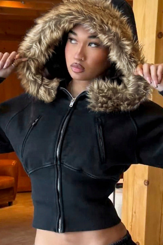 Fleece Faux Fur Trim Hooded Jacket