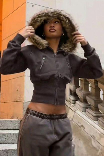Fleece Faux Fur Trim Hooded Jacket
