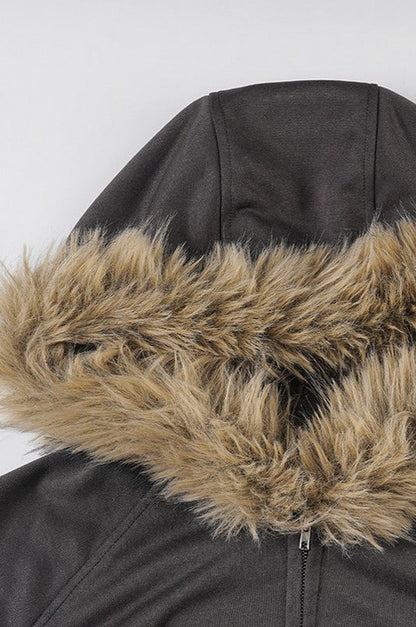 Fleece Faux Fur Trim Hooded Jacket