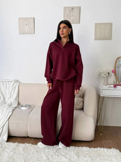 Fleece Collared Wide Leg Two Piece Set