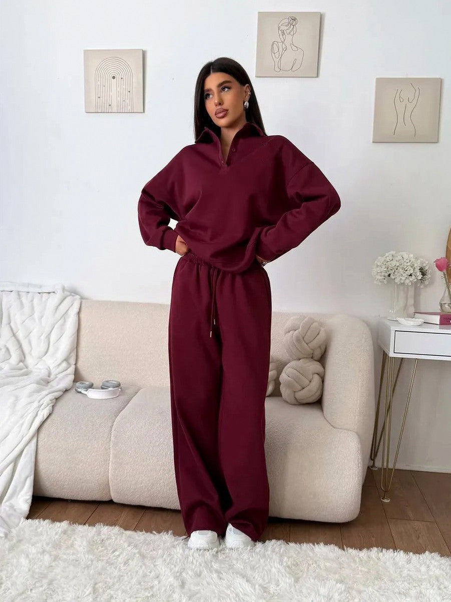 Fleece Collared Wide Leg Two Piece Set