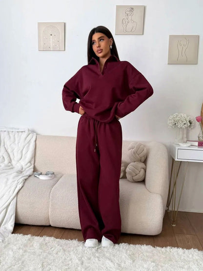Fleece Collared Wide Leg Two Piece Set
