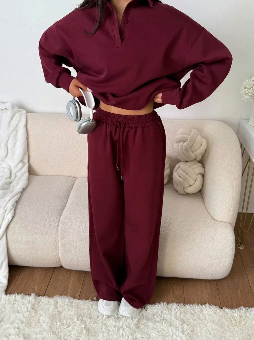 Fleece Collared Wide Leg Two Piece Set
