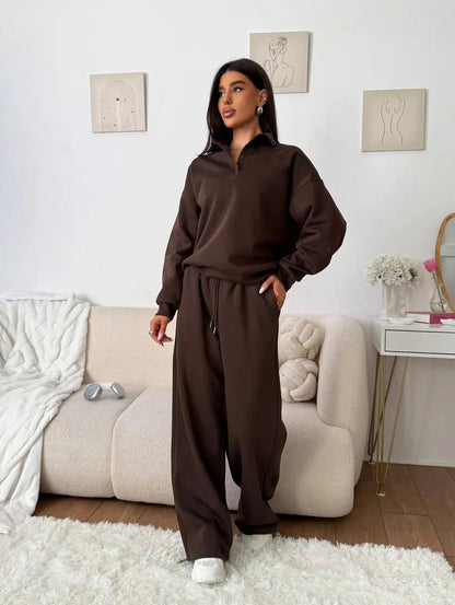 Fleece Collared Wide Leg Two Piece Set