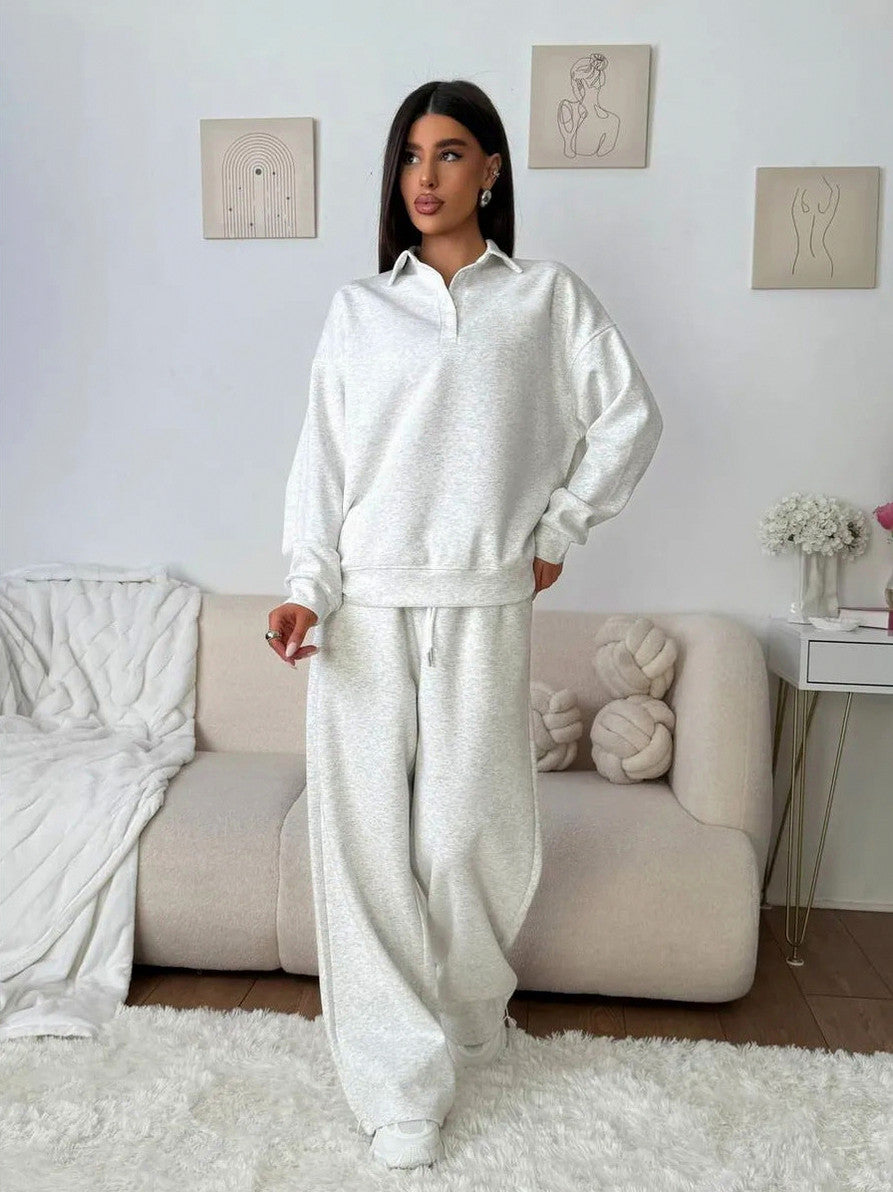Fleece Collared Wide Leg Two Piece Set