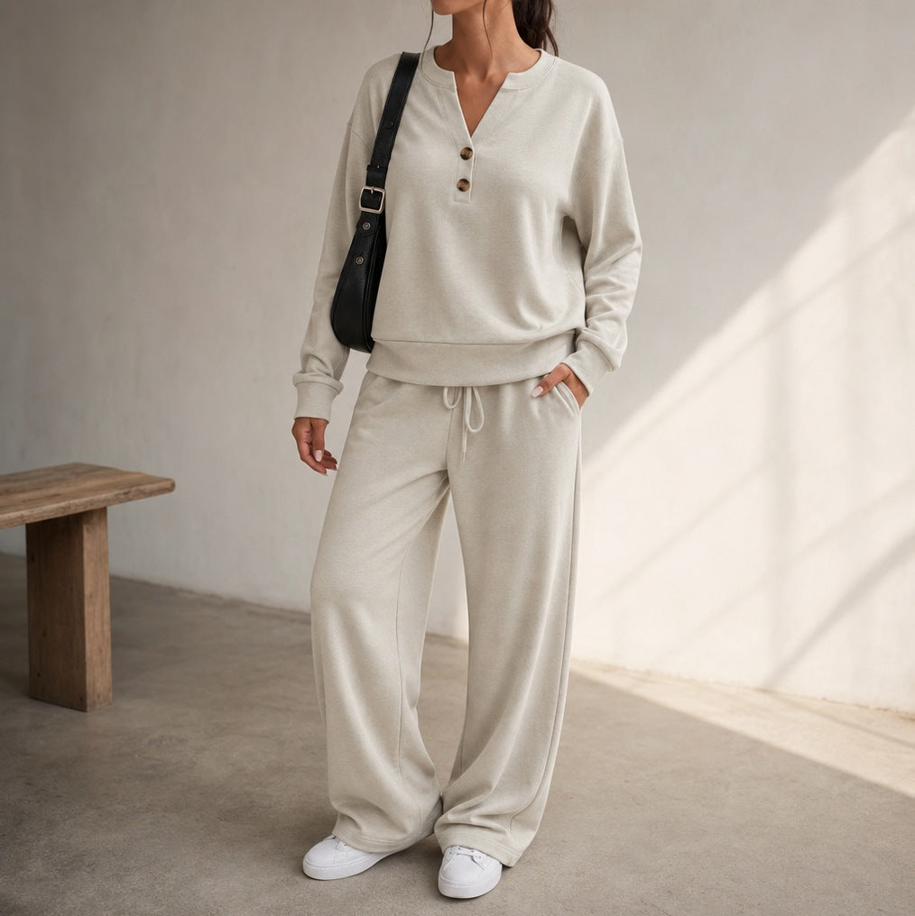 Fleece Henley Wide Leg Two Piece Set