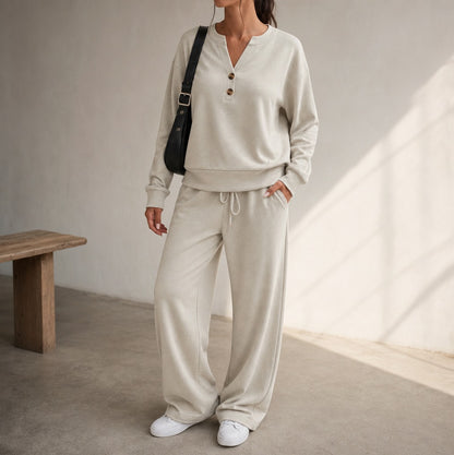 Fleece Henley Wide Leg Two Piece Set