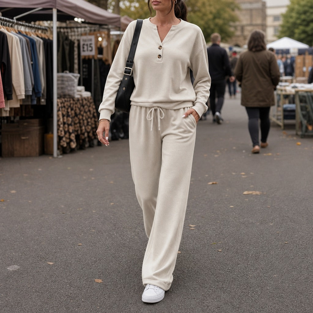 Fleece Henley Wide Leg Two Piece Set