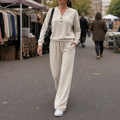 Fleece Henley Wide Leg Two Piece Set