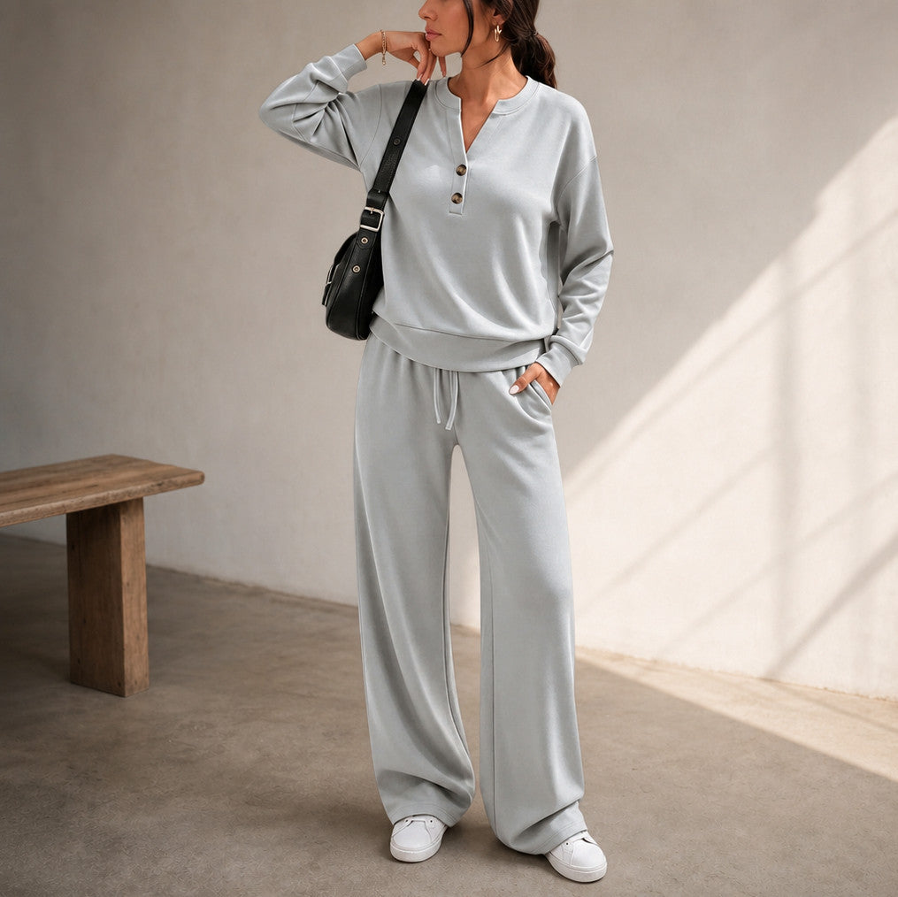 Fleece Henley Wide Leg Two Piece Set