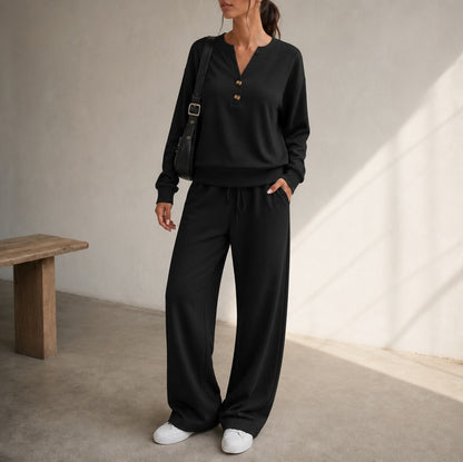 Fleece Henley Wide Leg Two Piece Set