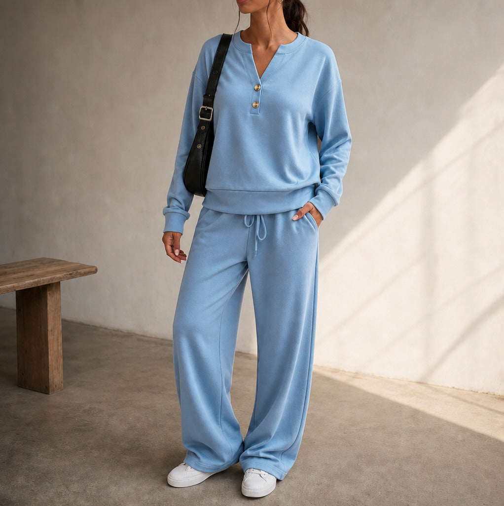 Fleece Henley Wide Leg Two Piece Set