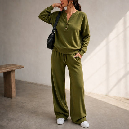 Fleece Henley Wide Leg Two Piece Set