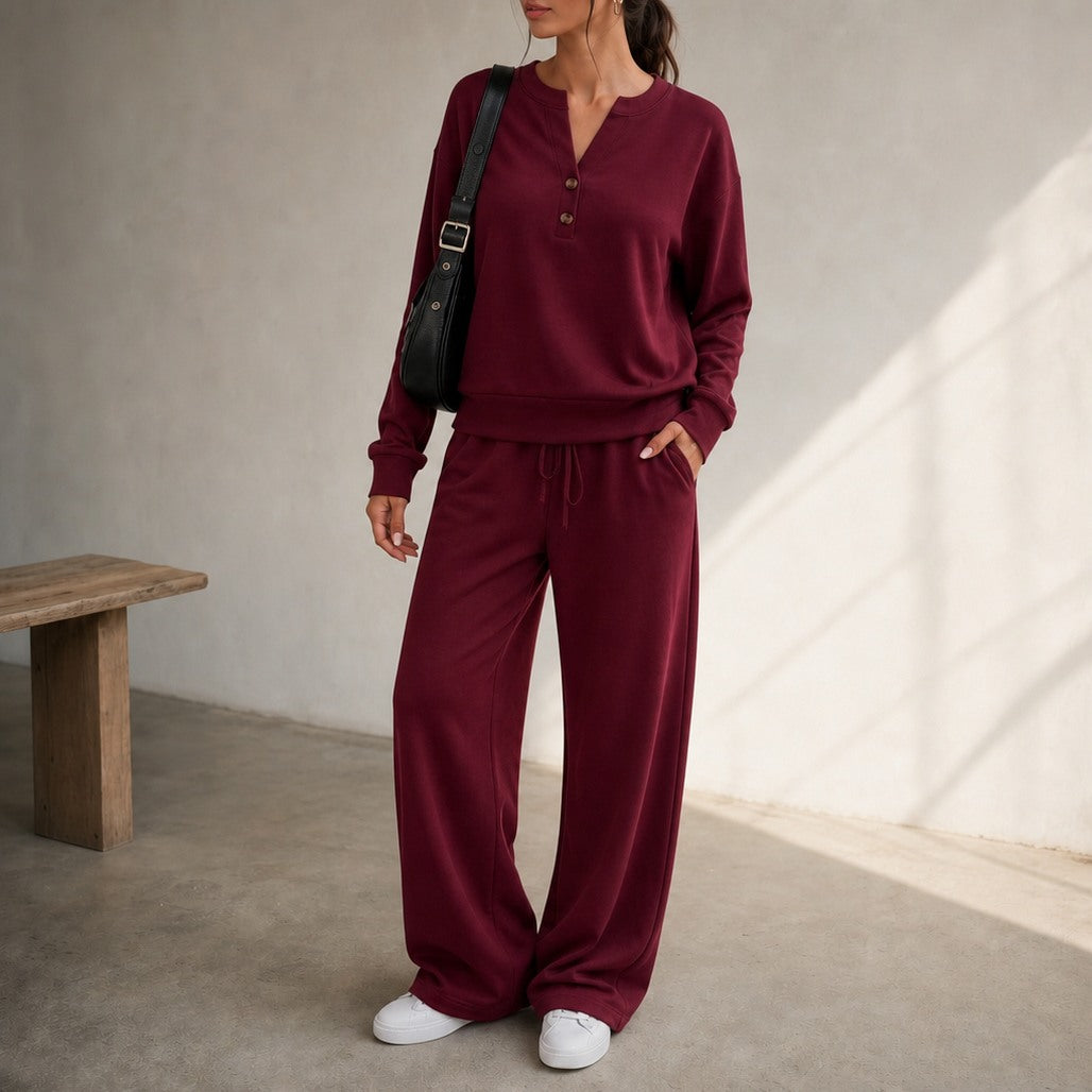 Fleece Henley Wide Leg Two Piece Set