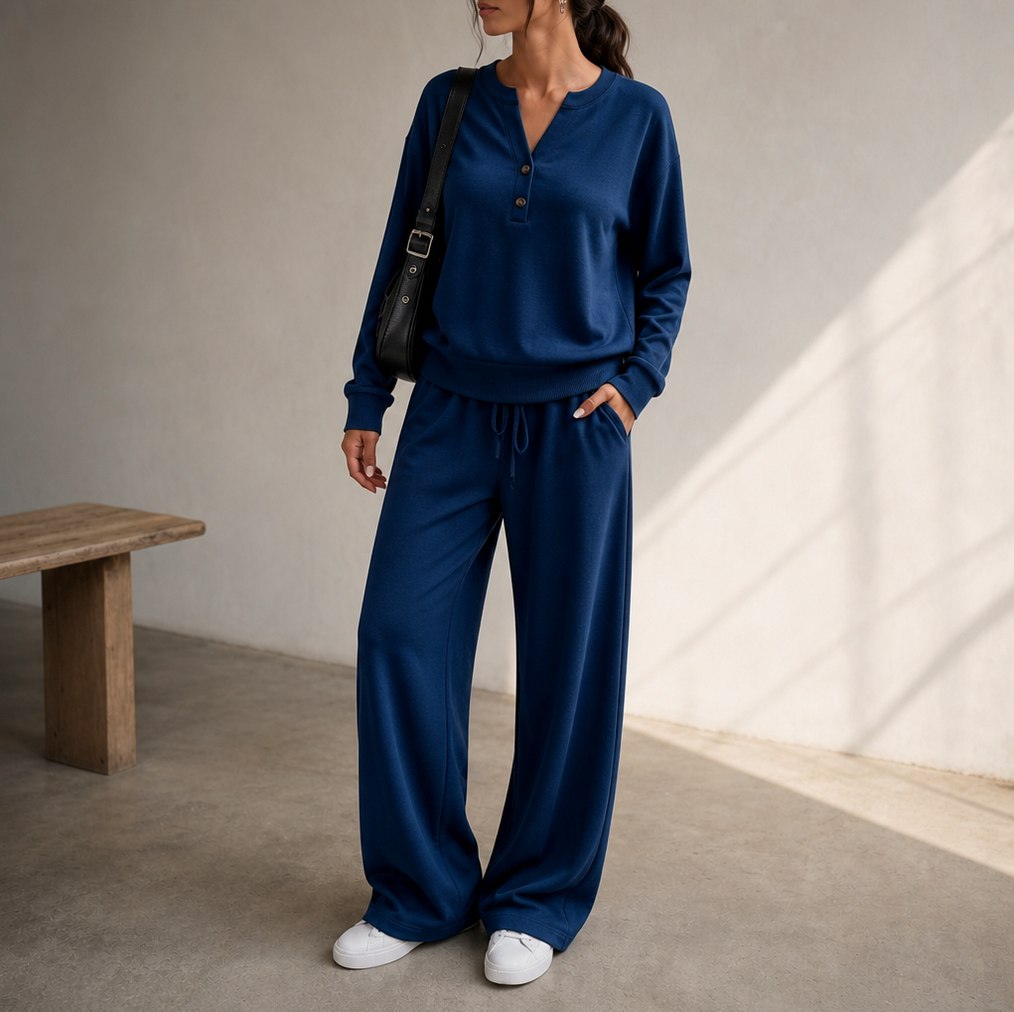 Fleece Henley Wide Leg Two Piece Set