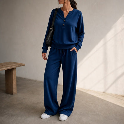 Fleece Henley Wide Leg Two Piece Set
