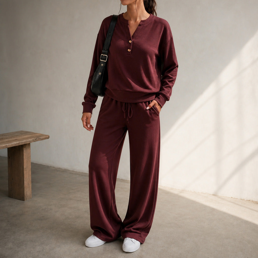 Fleece Henley Wide Leg Two Piece Set